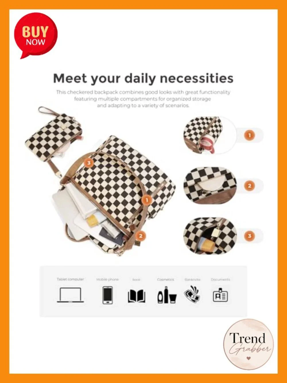 Checkered Canvas PU Backpack Purse for Women, 13.7